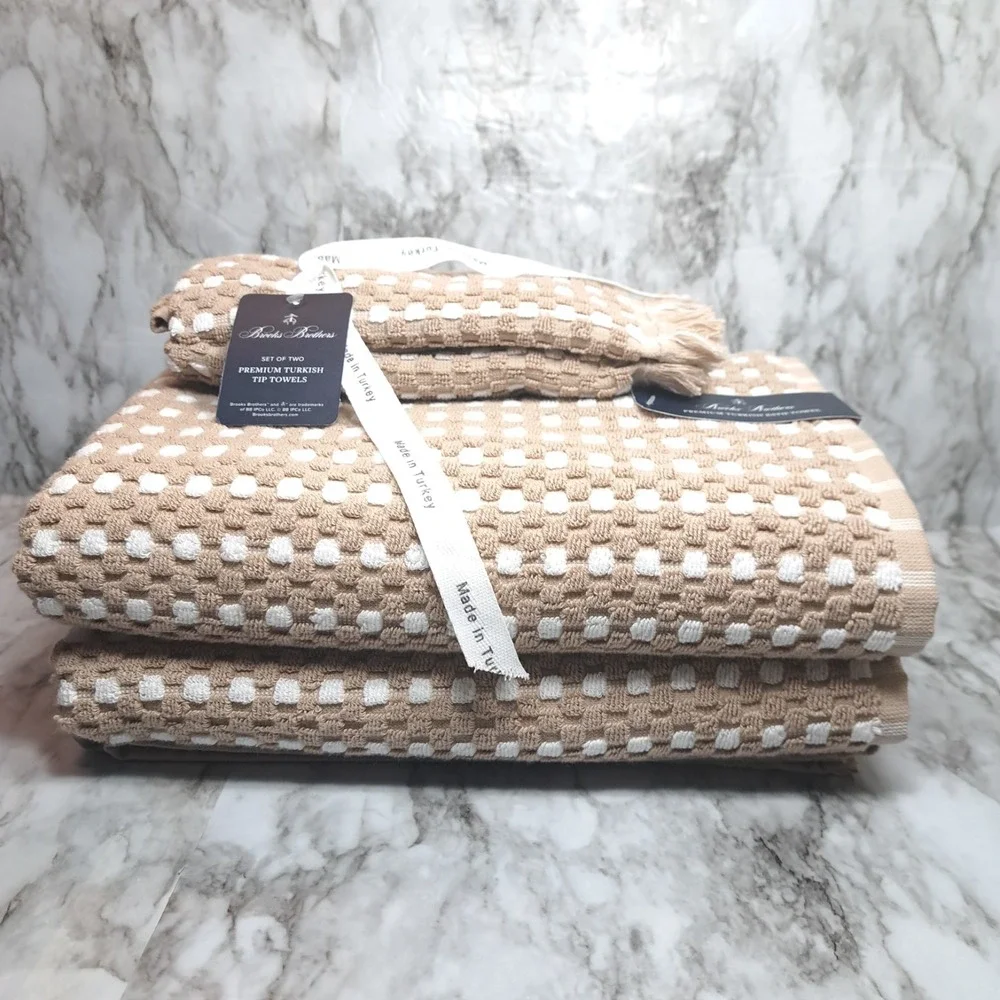 Brooks Brothers 4 Piece Set‎ Premium Turkish TOWEL SET 2 Bath /2 Tip Tan & White